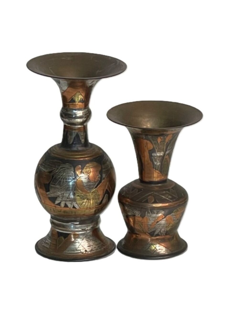 Vintage Egyptian Mixed Metal Vases Pair Etched Brass Copper Silver 7" / 5"